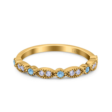 14K Yellow Gold Half Eternity Wedding Band Art Deco Design Simulated Aquamarine CZ Ring Size-7